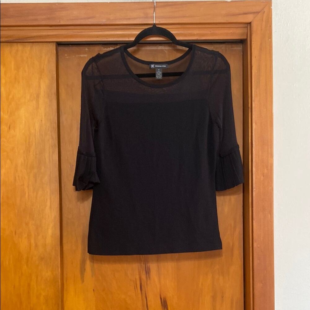 INC International Concepts Black Knit Blouse 3/4 Bell Pleated Sleeves Sheer Top